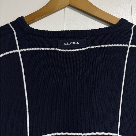 Vintage Nautica Knit Sweater Simple Style Navy Blue Big Checkered Window Pane - Picture 7 of 12